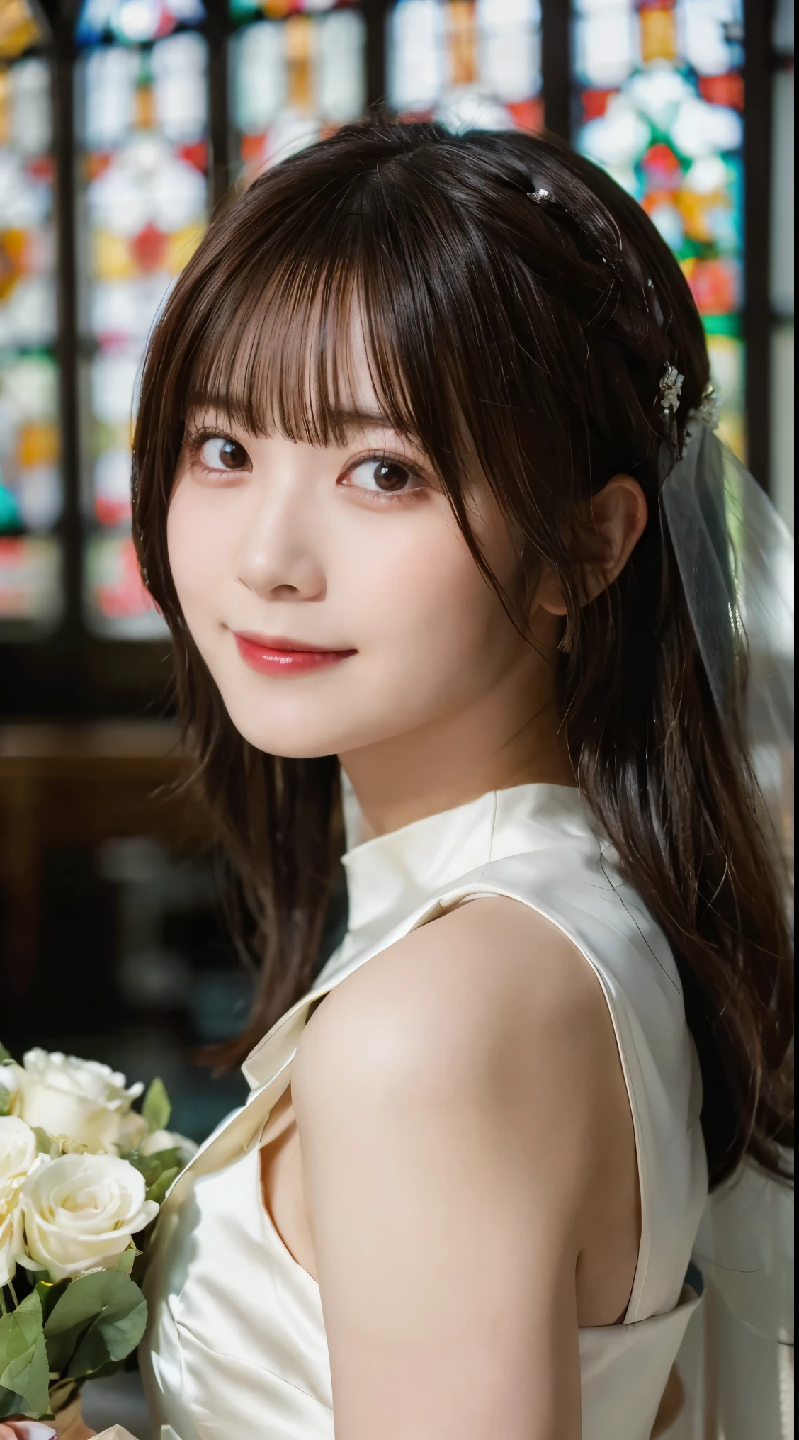 medium view, medium shot, written boundary depth, bust, Upper body, cinematic angle, masterpiece, highest quality, Super detailed, cg, 8k wallpaper, beautiful face, delicate eyes, maiden, alone, smile, bangs, skirt, shirt, have, deep red dress, bow, petal, bouquet