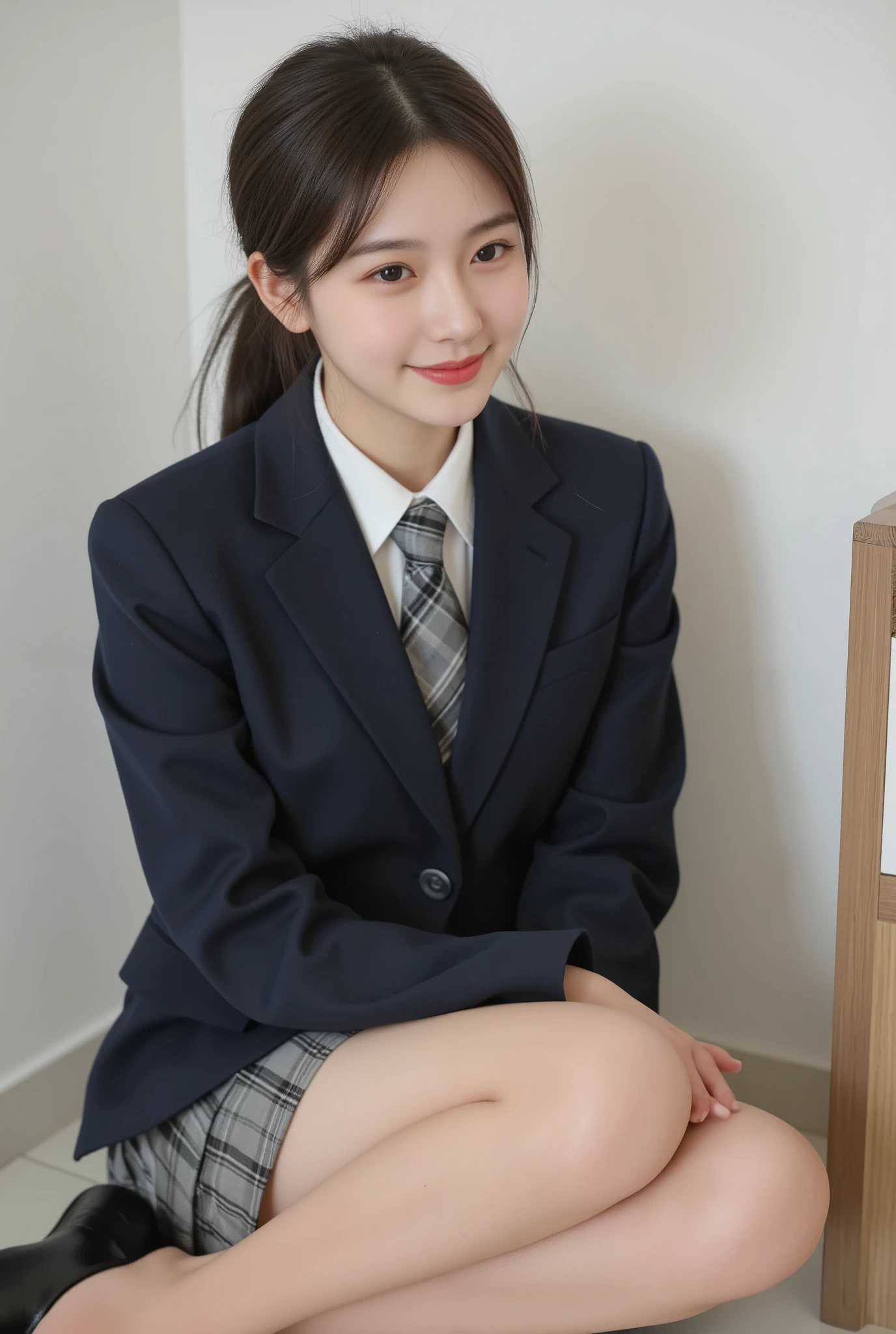 (8k), (best quality: 1.2), (realistic), (realistic: 1.37), ultra high resolution, (1 girl), cute, laugh, closed mouth, beautiful details, beautiful nose, ponytail, huge two cells, pork, thighs,Self Snap,College student ,(Simple navy blue blazer),pleated skirt,(The skirt and tie are in a gray tartan check pattern.....:1.3),(seat:1), sit on the floor,(hug your feet:1),(peach stockings:1.2),in front,knee,loafers