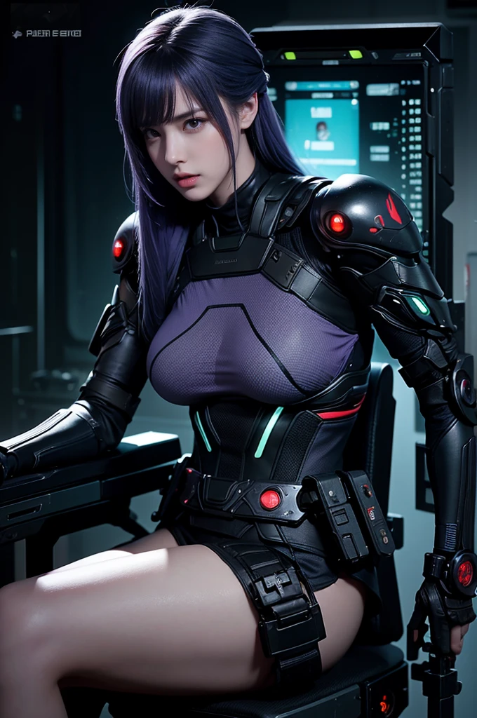 A young woman without breasts is enjoying relaxing time on a chair, 1girl in, Nipples, breasts, nude, Long hair, Solo, Sitting, crossed legs, Navel, Blue eyes, Barefoot, Looking at Viewer, Open mouth, Purple hair, Smile, Chair, tmasterpiece，best qualtiy，hight resolution，8K，((Portrait))，(close up of head)，Original photo，Real Photographics，digital photo，(Cyberpunk style female special forces fighter)，(Special Forces)，20 years girl， Hairstyle，By bangs，The amount of hair is amazing，red eye hair)，Big breasts，Thoracic sulcus， Accessories，cparted lips，Keep your mouth calm and attractive，serious and arrogant，calm and handsome，(Special Forces Clothing，battle garments，joint armor，Black)，Photo Pose，cyberpunk figures，sci-fi style，greybackground，oc rendering reflection texture