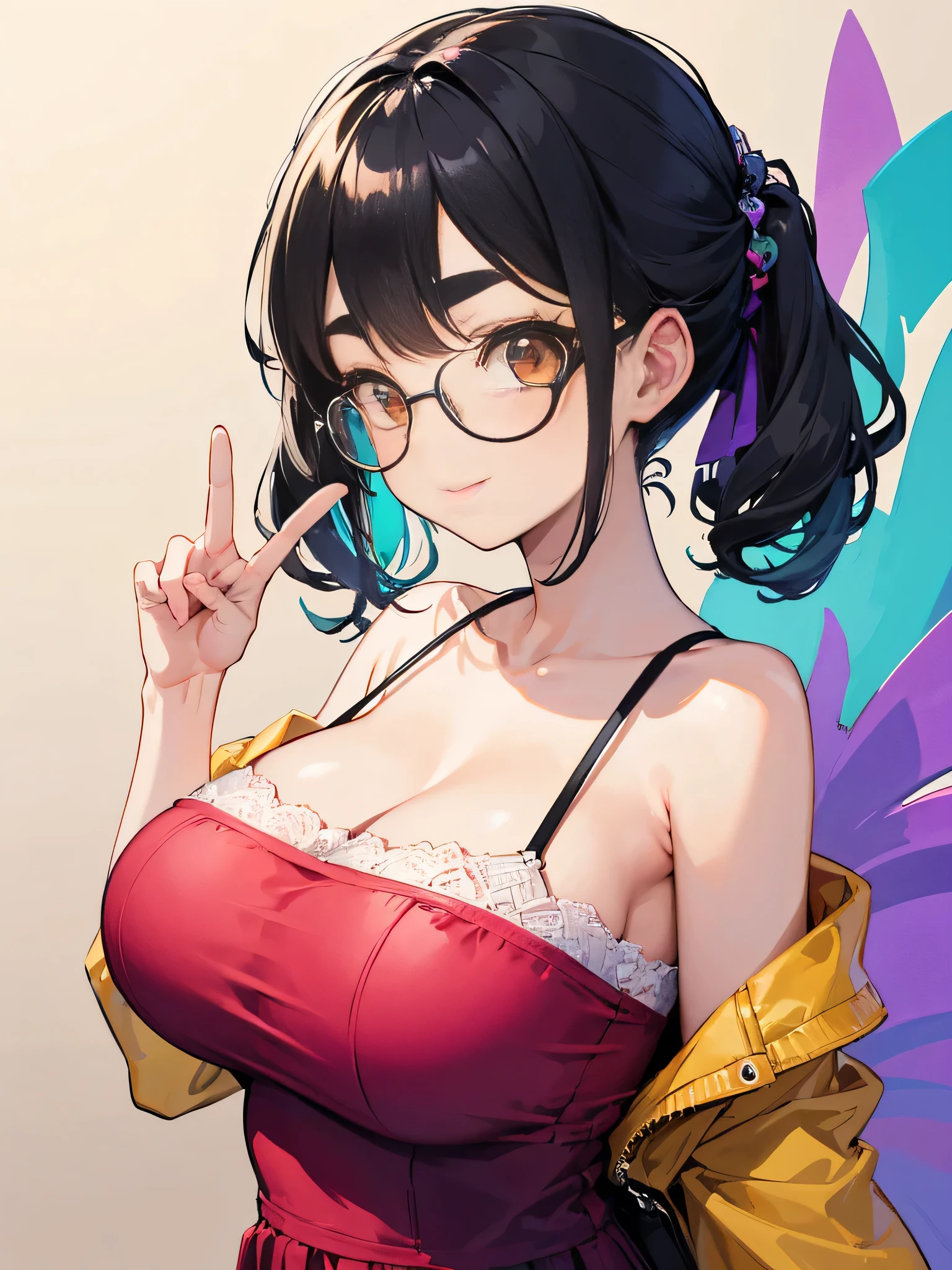 ((1 girl))、masterpiece, ultra-detailliert, 8k, hiquality, Top image quality, digitial illustration, (((Art by Kim Hyun-tae))), Female sexy, Depiction of dense hair, Detailed eye depiction, Sexy body lines, appearance Splash paint background in colors, Center, ((leaning forward))、((cleavage:1.4))、((huge breasts:1.4))、((huge hip:1.2))、((highleg:1.6))、((crop top navel))、((collarbone))、oppai proportions, Sharp Focus, large full breasts, Colossal tits, Costumes with less fabric area, and draw the full body, Glossy realistic skin texture