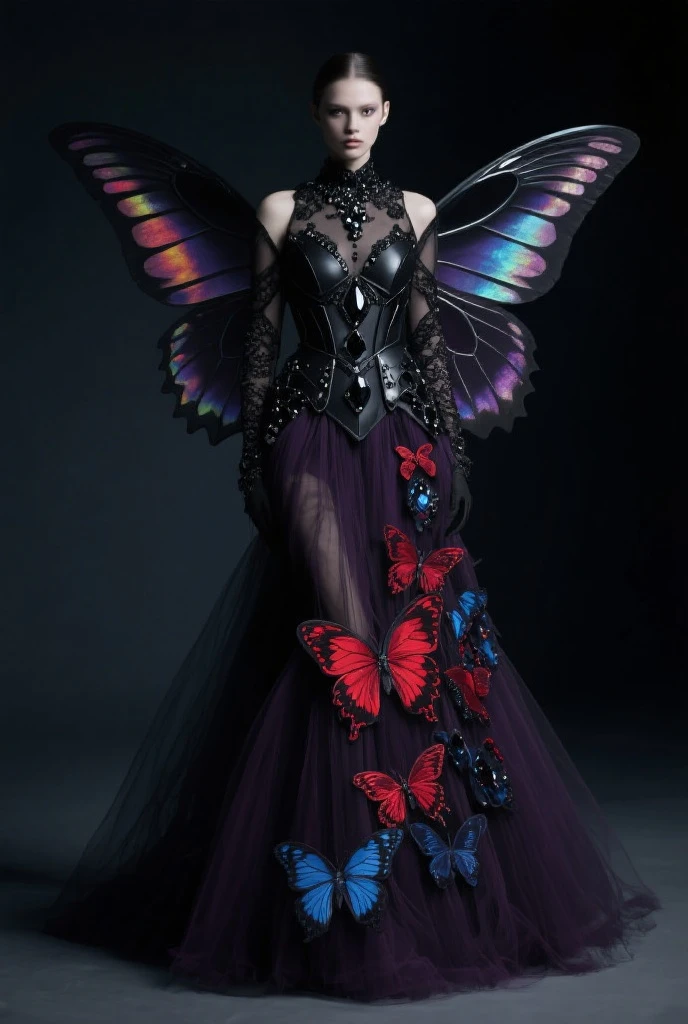 high details, best quality, 16k, RAW, [best detailed], masterpiece, best quality, (extremely detailed), full body, ultra wide shot, photorealistic, dark fantasy art, gothic art, an award winning photoshoot picture of an a dark vampiric fairy, exquisite beautifully fairy, ultra feminine, ultra detailed face,  red skin, black hair, glowing yellow eyes, black and red butterfly wings, wearing  clinging intricate details blue dress, wearing high heels,  walking on a fashion the (wood catwalk on the runway of a famous fashion show: 1.1), model fashion show background,  High Detail, Ultra High Quality, High Resolution, 16K Resolution, Ultra HD Pictures, Ultra Realistic, Clear Details, Realistic Detail, Ultra High Definition
