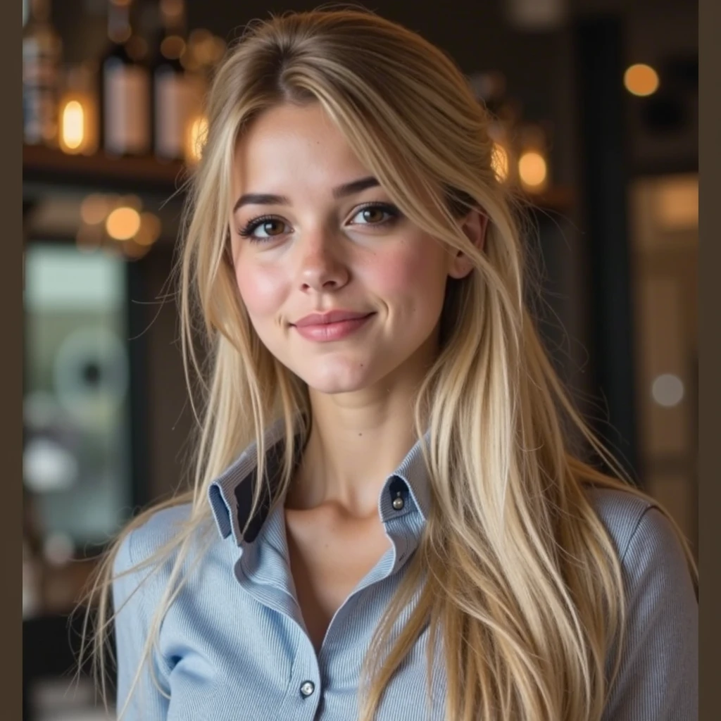 photo of fit (emw1ckersham-130:0.99), a beautiful woman, perfect blonde hair, (smiling), (modern photo), (Dark Pink button up shirt), closeup portrait, 85mm, (analog, cinematic, film grain:1.3), (A contemporary pet-friendly café, providing a comfortable space for pet owners to relax and socialize:1.1), detailed eyes, seductive pose, (epicPhoto), (looking at viewer:1.1), jewelry, (cinematic shot:1.3)