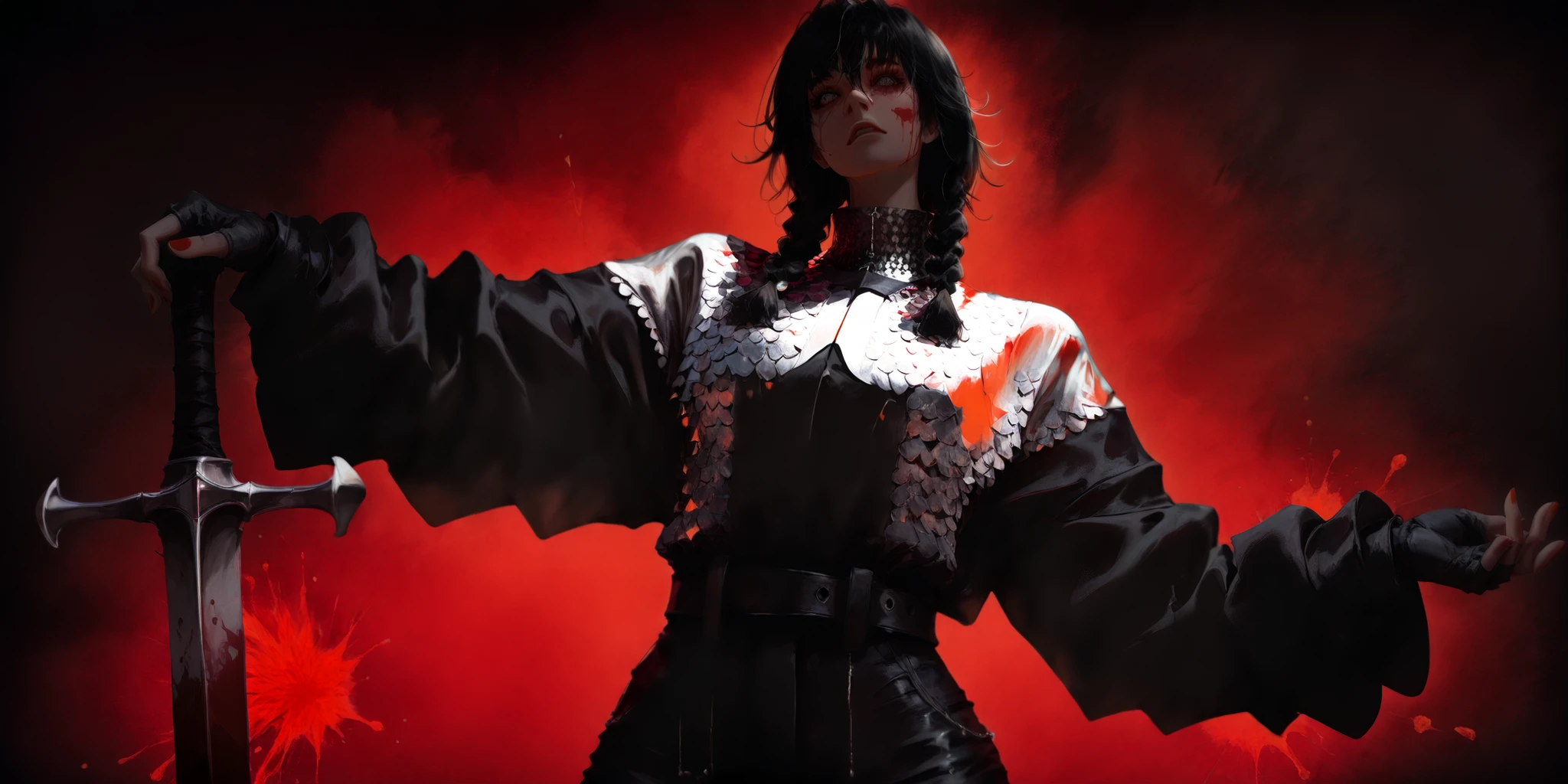artist: wlop, masterpiece, best quality, illustration, a vampire woman, beautiful woman, European facial features, Caucasian, small breasts, shoulder length black hair, small braids, red irises, detailed face, loose fitting leather pants, female wearing very loose fitting high waist black leather pants with a black belt, and a (thick gray long-sleeved chainmail shirt with a high neck), black leather combat boots and fingerless gloves, tall-looking, fantasy, holding iron sword, perfect anatomy, detailed, lighting, colorful, slim body, fit body, ideal ratio body proportions, tall, Realistic Shadows, regular steel sword, steel sword, normal steel sword, detailed face, detailed eyes, epic, chain mail long sleeve shirt, high neck chainmail shirt, chainmail long sleeve shirt, top fully covering upper body, fully covered upper body, highly detailed, dark colours, cool pose, upper body portrait, cinematic portrait, background splash artwork, videogame style background, game style artwork background, illustration style background, cinematic background, cinematic lighting, interesting background, themed background, epic background, melancholic background, immersive blood background, red blood background, blood magic background, detailed background, immersive background, eye catching background, unique background, detailed eyes, Official Art,