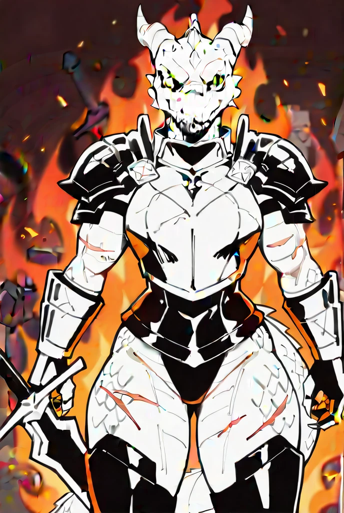 funger, very detailed illustration, mature woman, ((gigantic breasts)), ((bursting cleavage)), highres, high quality, masterpiece, looking at viewer, (armoured knight), orange long hair, bang, side locks, hair tubes, absurdres, ultra-detailed, short hair, full body, wide hips, thick thighs, huge ass