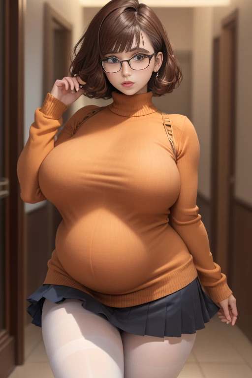 Velma Dinkley, sexy pose, big breasts, breast expansion, fat belly, in haunted house, orange sweater, brown miniskirt, orange stockings, stuffed belly, chubby belly, bbw, thicc,