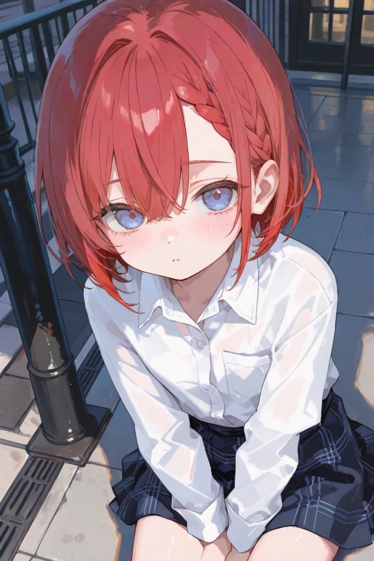 Masterpiece to the smallest detail、top-quality、1girl in、独奏、Looks like 5 years old、140cm petite beautiful girl、small tits、5 year old baby face、red hairs、Gradient bob in the forward、Pink and violet mesh、Tall, big eyes、Outstanding looks、A lovely child、proximity、closed_mouth、a smile、red blush、full of shyness、blue headwear、Hats、pink bowtie、校服、 Blue jacket、jaket、skirt by the、Gray skirt shirt、white shirt、an legs、Black socks、sitting on、Classroom、hair_ornament、looking_at_viewer、beatiful detailed eyes、Akame、panties on、lift up one's skirt、Professional effects、
