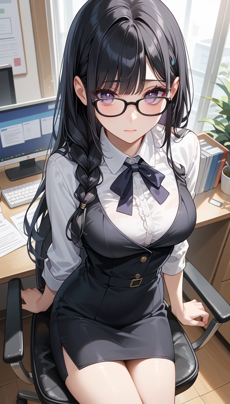 japanes、OL 、A dark-haired long、eye glass、Beige tight skirt、Ren Hao Black stockings、Lace black bra、Open white blouse、Stripes Black suit jacket、Colossal tits、low angles、Ren Hao Blue T-back、Panchira、Company Rooms meeting room