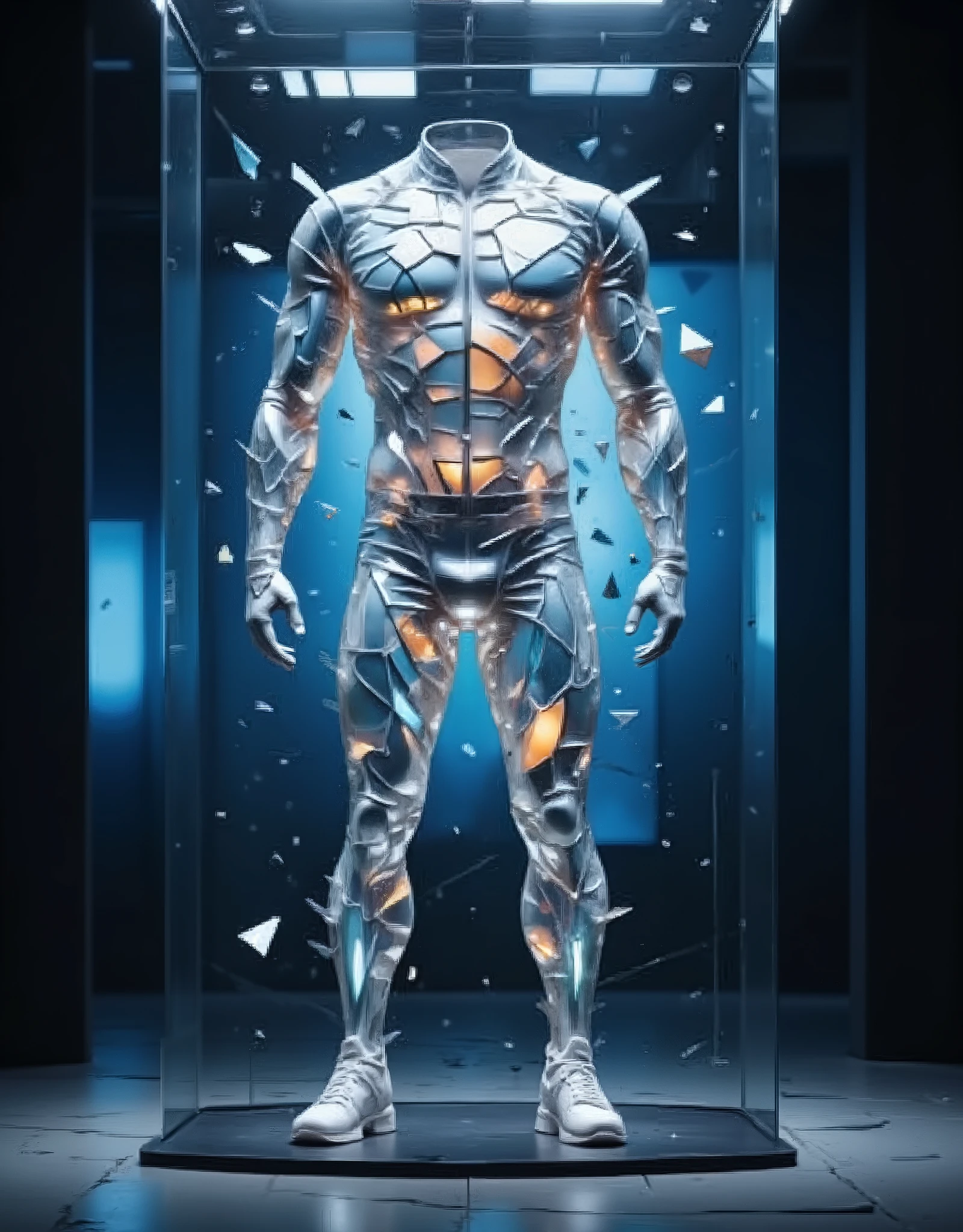 Realistic detailed shot, state-of-the-art completely transparent sports uniform, mounted on a diagonally inclined demonstration stand, made of completely transparent glass, beautifully decorated on a dark blue background, cyber-futuristic sports design, exciting design with many complex details of different colors, cables and electrical parts, the uniform is illuminated from the inside. from behind, the effect of broken glass.Realistic demonstration, detailed networks, complex schemes, intertwined networks, photographically small details, bright colors, shooting from ground level, Dutch angle, 64k quality, raw style, stylization, photorealistic painting, deconstructionism, masterpiece, clear focus, depth of field, Unreal Engine, perfect composition