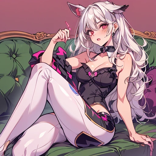 best quality, masterpiece, best quality, highres, detailed, 1girl, solo, very long hair, cleavage, smirk, fang, large breasts, blue eyes, white hair, cat ears, cat girl, slit pupils, alternate breast size, portrait, dim lighting, ponytail over shoulder, no underpants,Revelation,legs separated, Lateral exposure of the chest, revealing the chest, scratches, Opening the vagina, no shoes,Stand barefoot
