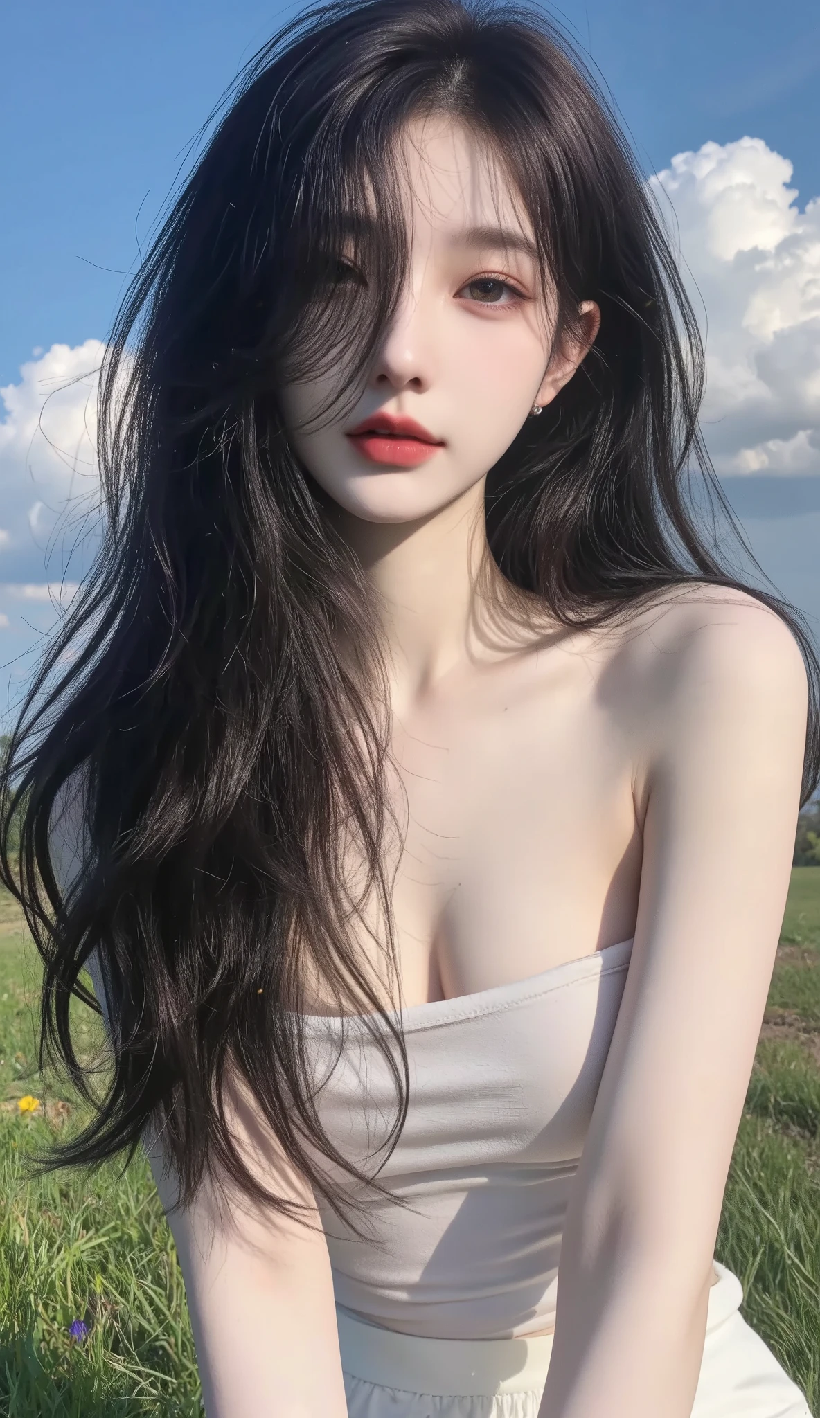 (1 beautiful and cute girl), full-body shot,extremely beautiful and exquisite,black hair,sweet smile,Delicate, beautiful and fair skin,(Exquisite and complete facial features,Detailed depiction of face),high nose bridge,smooth hair,forward inclination angle,Ultimate picture quality,highest precision。Blue sky and white clouds,sitting on the grass,Sunlight,(Transparent tube top)clear and distinct,((Telephoto shooting))Express the landscape,prominent cleavage