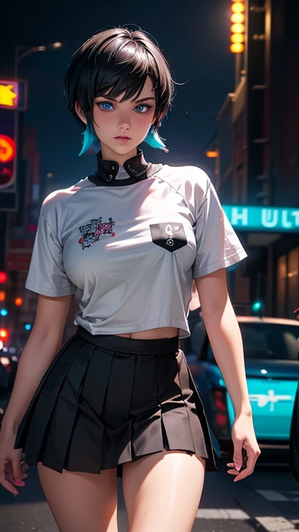Masterpiece, best quality, Cyberpunk Girl, Trendy multi-colored hair bun, Code shirt inspired by blade runner 2049., Outstanding colors and patterns, Eye-catching accessories, Trendy and innovative, fresh makeup, Stunning city views, skyscraper, Neon Signs, ไฟ LED, Bright and bright color schemes, Fine texture, Detailed fabric, Beautifully detailed face, complicated details, Special details, 3d, 30k, movie theater light, Stunning light, shallow depth of light, Exquisite clothing details, Highly detailed, DR, sharp focus, Physics-based rendering