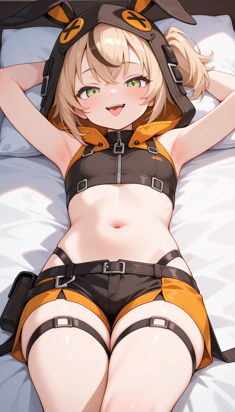 amicia michella - nijisanji, anime style, 1girl, brown short hair, yellow inner hair, wavy hair, green eyes, detailed eyes, crop top, midriff, girly face, blushed, seductive, wide hips, thick thighs, huge round ass, flat chested, (((full flat chest))), (((bulge))), full body, dynamic pose, office, absurdres, high res, ultrasharp, 8K, masterpiece, looking at viewer, CuteTraps