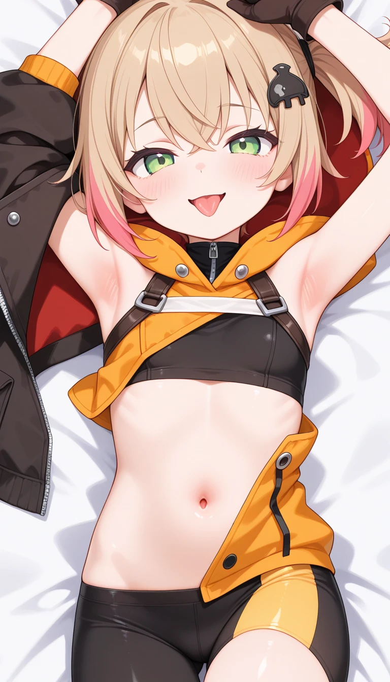 (masterpiece:1.2), (highest quality:1.2), perfect eyes, perfect face, perfect lighting, middle ages, prison, 1 girl　flandre　red eyes　blonde, waby hair, short hair, ((nude)), cute eyes, medium breast, glaring, ((from above)), ((front)), Vivid depiction, ((spread legs)), arms up behind, ((abs)), smile+happy