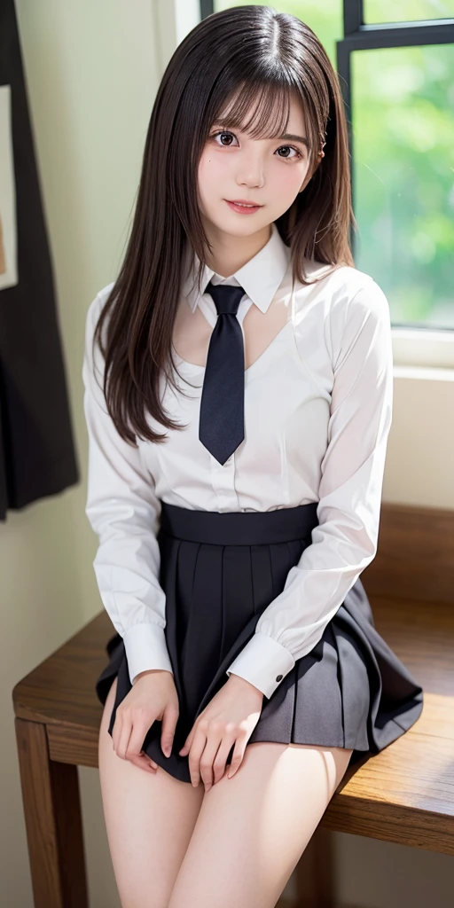 Three different 12 year old high school girls, very long hair like rapunzel,plain black color,innocent face, tender,small frame glasses,A white blouse, blue plaid skirt, perfect erect nipples, very big huge breasts, thin waist, long and shapely legs, School,wide window, school benches, (taking selfies with phone) Best Quality, Masterpiece, high resolution, 8k, (realist: 1.4), Ultra high resolution, ultra detailed, Surreal, highly detailed CG illustration, Official Art, cinematic light,hyperreality,最high quality, Photoreal, 8k, high resolution, thin skin, 8k hd, Digital single lens reflex camera, light suit, high quality, film grain, fuji xt3