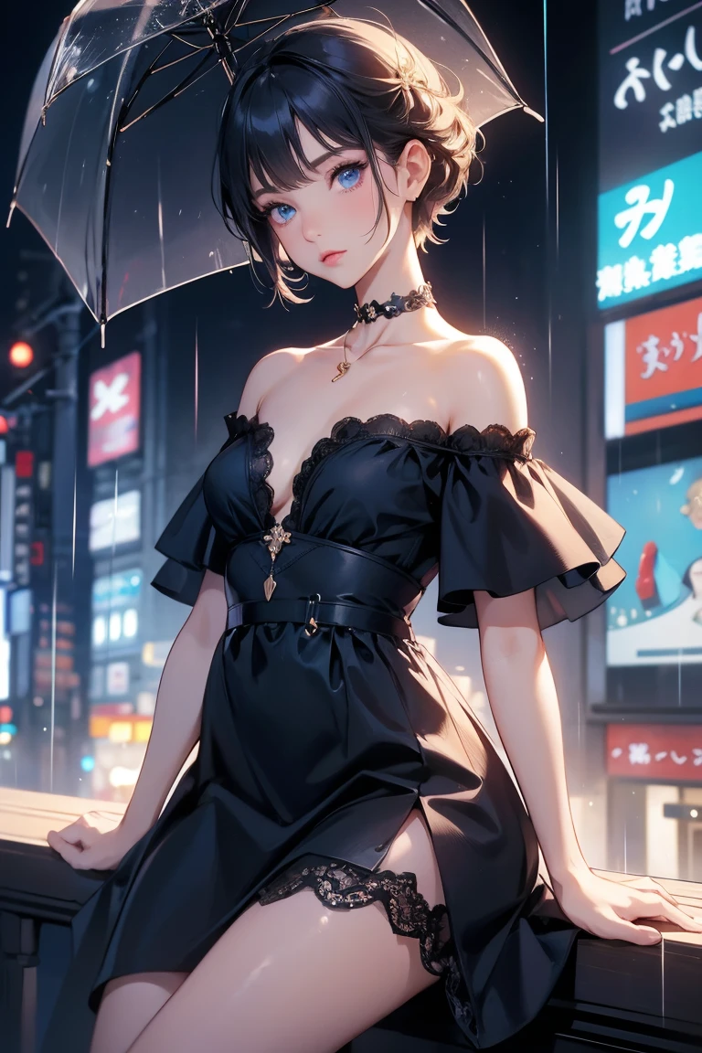 maid girl,(((1girl))),((maid girl with extremely cute and beautiful black hair)),

(large breasts:1.4),bountiful breasts,fluffy breasts,H cup bust,bust up,bulging bust top,(((black bob hair:1.35,colored inner hair,short hair,ear breathing))),(((heterochromia:1.5,eye1 blue,eye2 purple))),intricate eyes,beautiful detailed eyes,symmetrical eyes,big eyes:1.3,((fat)),(((lustrous skin:1.5,bright skin: 1.5,skin tanned,shiny skin,very shiny skin,shiny body,plastic glitter skin,exaggerated shiny skin,illuminated skin,wet legs))),(spider lower abdomen,narrow waist,wide hip,athletic body,inflated legs,detailed body,(detailed face)),

cute,slutty,seductive,erotic,((nsfw)),

zettai ryouiki,(maid headdress),maid uniform,Headdress,(maid),sleeveless,mini skirt,boots,cleavage cutout,bare legs,clothes with a lot of lace frills,((wet clothes,intricate outfit,intricate clothes)),

(dynamic pose:1.0),solo focus,embarrassed,blush,sweat,((tears,open mouth)),moist eyes,(centered,scale to fit dimensions,Rule of thirds),

cyberpunk city by the ocean at night, with bright neon signs and dark stormy clouds and puddles, scenery:1.25,

artistic photography,(photography taken by sldr),highres, sharp focus, (ultra detailed, extremely detailed), (photorealistic artwork:1.37),(extremely detailed CG unity 8k wallpaper),((synthwave background theme)),(((vibrant colors))),(intricate background),(masterpiece),(best quality),