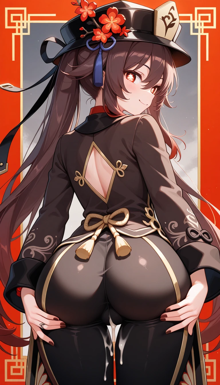 a girl stands against the background of a board in tight stockings with her back turned, Hu Tao, tight shorts, juicy ass