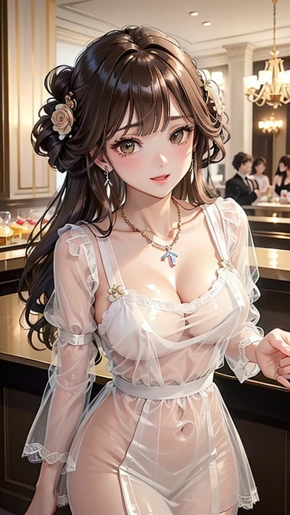 (best quality:1.2), (beautiful detailed:1.2), (Solo), (Detailed eyes and skin), (detailed facial features), nffsw, Perfect Style, Beautiful face, Anatomically correct, Highly detailed face and skin texture, (Black eyes:1.5), Glossy skin, Sunlight, Ayana_taniguchi, (cowboy shot:1.3), BREAK Girl wearing a sequin evening dress at a soiree in a luxurious hall, cute, , above, standing, floor, cleavage, prism, Modern and sophisticated atmosphere, lively, absurd resolution, best quality, absurd detailed, ultra detailed background,