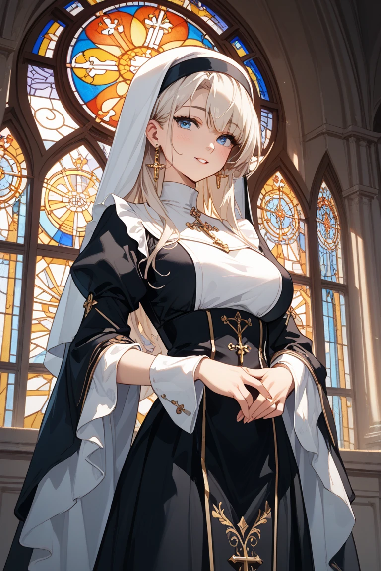 4K,High resolution,One Woman,Blonde,long hair,Braid,Green Eyes,Big Breasts,Nuns,White sacred armor,Sideboob,White boots,White Veil,Black tights,Jewelry decoration,Gold decoration,Long sword,Medieval town,In front of the church,Daytime Sky