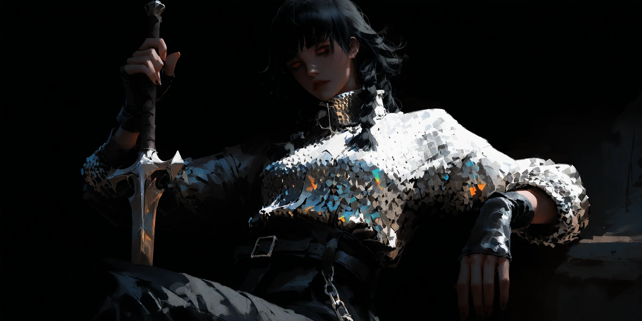 artist: wlop, masterpiece, best quality, illustration, a vampire woman, beautiful woman, European facial features, Caucasian, small breasts, shoulder length black hair, small braids, red irises, detailed face, loose fitting leather pants, female wearing very loose fitting high waist black leather pants with a black belt, and a (thick gray long-sleeved chainmail shirt with a high neck), black leather combat boots and fingerless gloves, tall-looking, fantasy, holding iron sword, perfect anatomy, detailed, lighting, colorful, slim body, fit body, ideal ratio body proportions, tall, Realistic Shadows, regular steel sword, steel sword, normal steel sword, detailed face, detailed eyes, epic, chain mail long sleeve shirt, high neck chainmail shirt, chainmail long sleeve shirt, top fully covering upper body, fully covered upper body, highly detailed, dark colours, cool pose, upper body portrait, cinematic portrait, background splash artwork, videogame style background, game style artwork background, illustration style background, Solid color background, Official Art, 