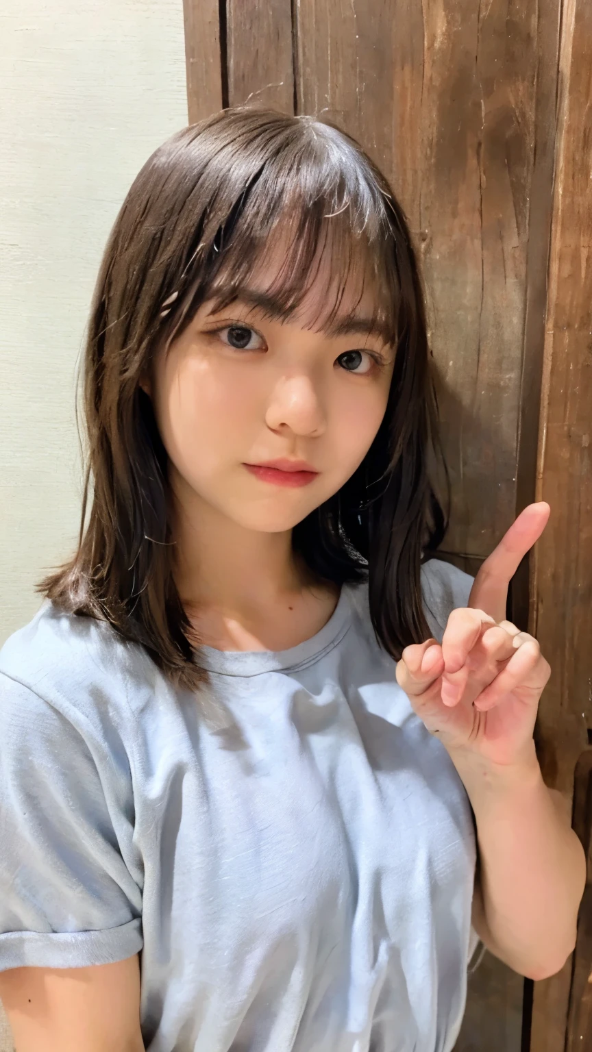naked、全nakedで立っています、small 、Ccup size 、saggy 、brown-colored nipples、You can see a large area of pubic hair、puts her hand on her lower back、grey background、naked、nude