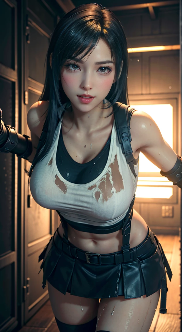 Tifa・lock heart, ((Tifaが男と騎乗位で性交する:1.99)), (realistic, highest quality, High resolution, real women pictures:1.57), realistic, (15 years oldの少女=Tifaが騎乗位で:1.7), curved body, anatomically correct body, (black suspenders, black elbow gloves, white tank top:1.87), beautiful navel, (slender body shape:1.7), nostrils are not visible, (Tifaの下半身が露出している:1.97), nose too small, Tifaが大きく股を開いて騎乗位で男の上にまたがる, thin waist, beautiful thighs, beautiful feet, (The penis is in the vagina:1.74), (The body is wet with lotion), Detailed depiction of the vagina, Beautiful girl has sex with a man, saddle, (normal limb:1.99), Tifaの小顔が美しい, (Final Fantasy VII), (put your hands behind your head:1.5), (lips slightly open), Beautiful woman has sex with a man in cowgirl position, (Tifa・lock heart:1.97), ((man exposes his penis:1.74)), Tifaは最高に可愛らしい顔立ちだ, 15 years old, (Tank top is white:1.9)