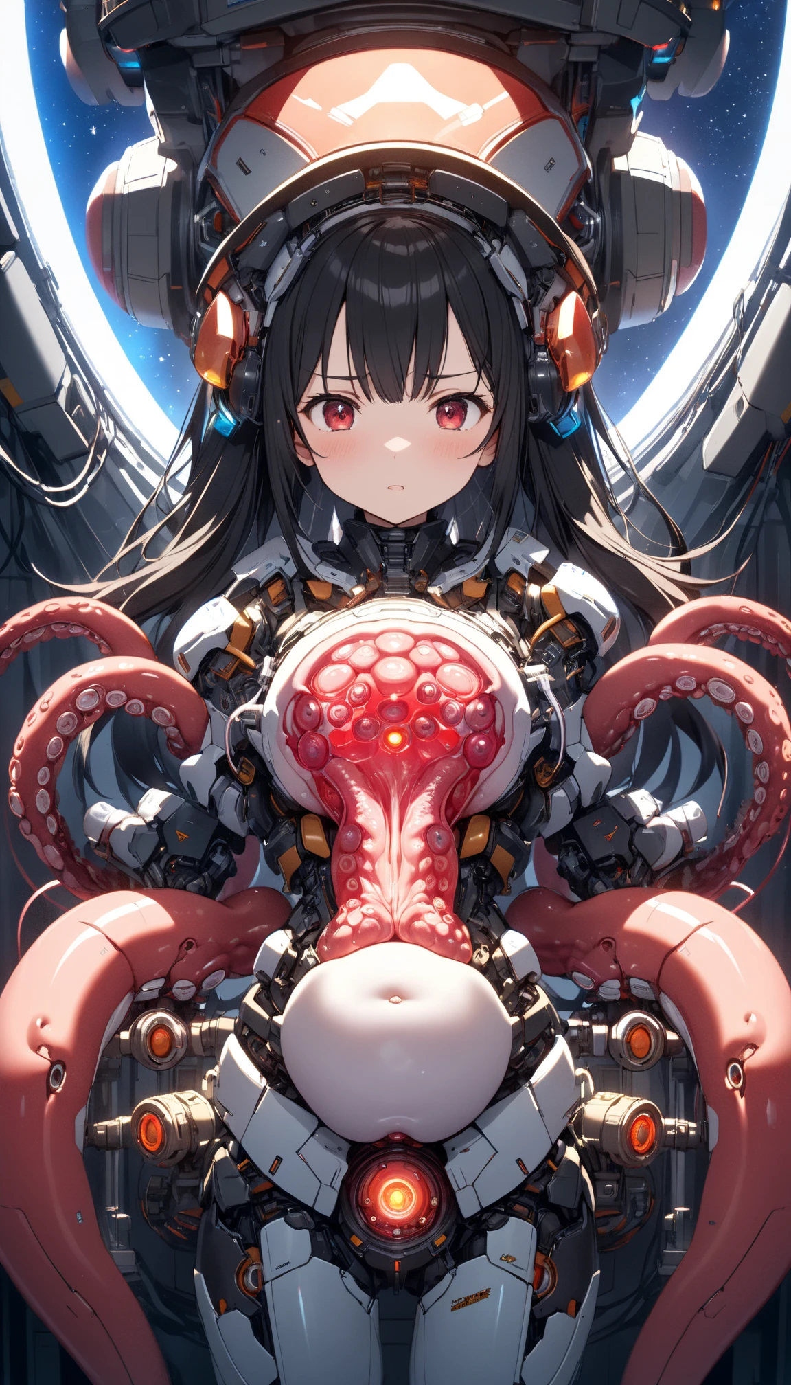 NSFW, full body photographed,(masutepiece, of the highest quality, Best Quality, Official art, Beautiful and aesthetic:1.2), (1 Neat married woman):1.5), ighly detailed, Colorful, highest details ((Ultra-detailed)), (High Definition CG Illustration), ((extremely delicate and beautiful)),((1 Neat married woman)),(mechanical vertebra attaching to the back),(aerial cable:1.4),(Mechanical body:1.5), BREAK, Red Eyes, Long hair, (connected to the tube:1.4), Full body, (natural flat chest, Narrow waist, Natural nipples,, machine bidding:1.3),(cable connection nipple:1.4), (Tentacles in the crotch:1.3),(pussy juice stain), Solo Focus, Mechanical halo, Ahegao, , Tears, (srestrained:1.4), (Cyber Room:1.5) ,
