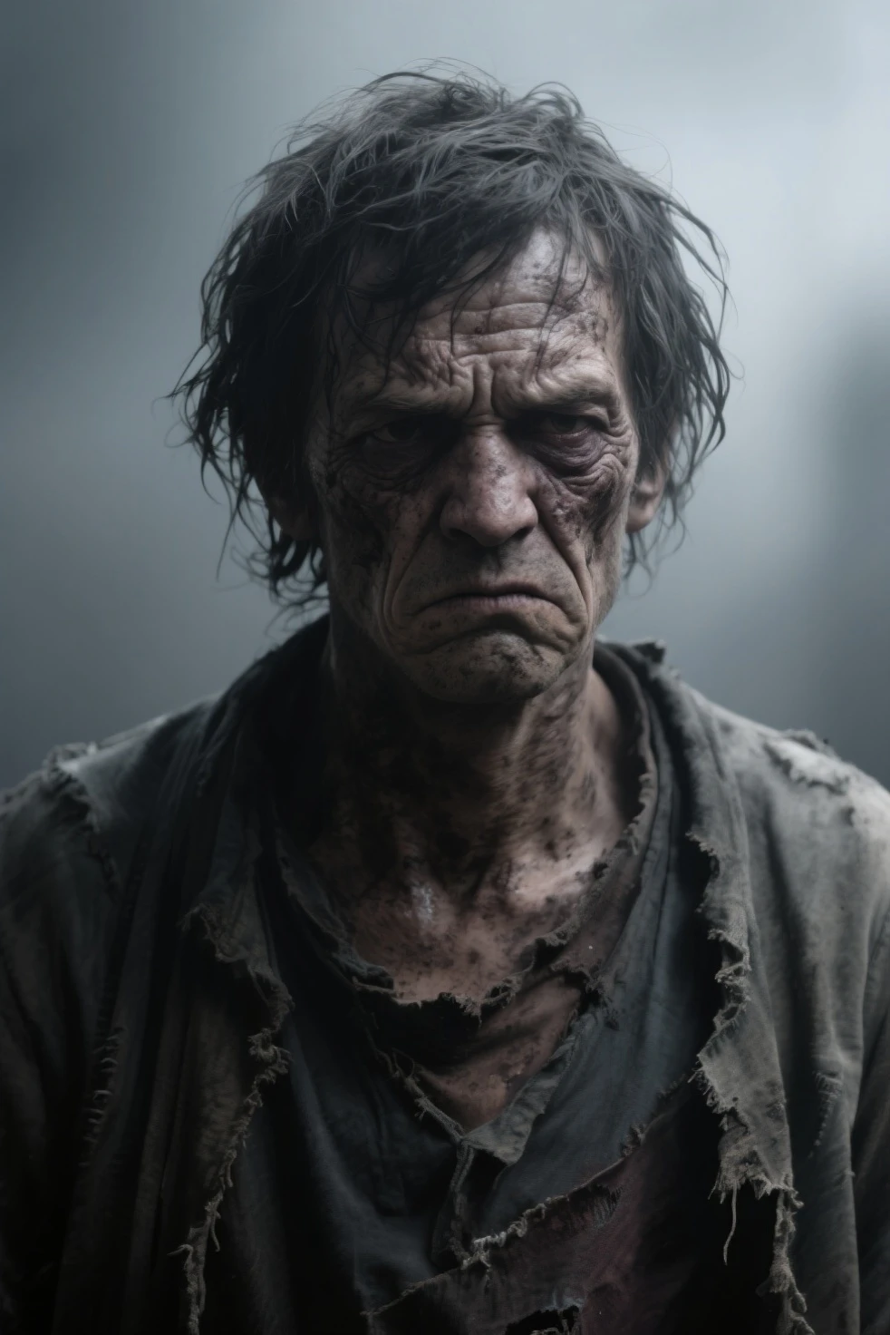 ((Decay skin)) Old zombie man, male, older male figure, ((skull face)), dreary, magnificent, fog, low key, at night, (RAW photo, 4K, Realistic, Exquisitely Detailed Skin), Masterpiece, Best quality, offcial art, Unity 8k wallpaper, Ultra detailed, Cinematic light , detaile zombie face,((bloody mouth)), rincled skin, decay skin, detailed decay skin, sitting down, legs crossed, brown skin, looking at the camera, ((grey long beard)), dirty red and black flannel shirt, old black cowboy hat, old looking decay ((cowboy hat)), masterpiece, best quality, extremely detailed eyes, cinematic lightning, intricate detail, highres, official art, finely detailed face, high resolution illustration, 8k, depth of field, ((zombie)), short white hair and blue eyes, short white hair, detailed blue eyes, chaotic city, upper body, looking at viewer, superb portrait, post apocalyptic background, zombie decay skin, detailed face decay, decay, terror,((skull decay face)) scary looking, extremely detailed eyes, extremely realistic photo, extreme terror, midnight moon, ((long white beard)), gothic look older nale zombie (((bloody mouth)))