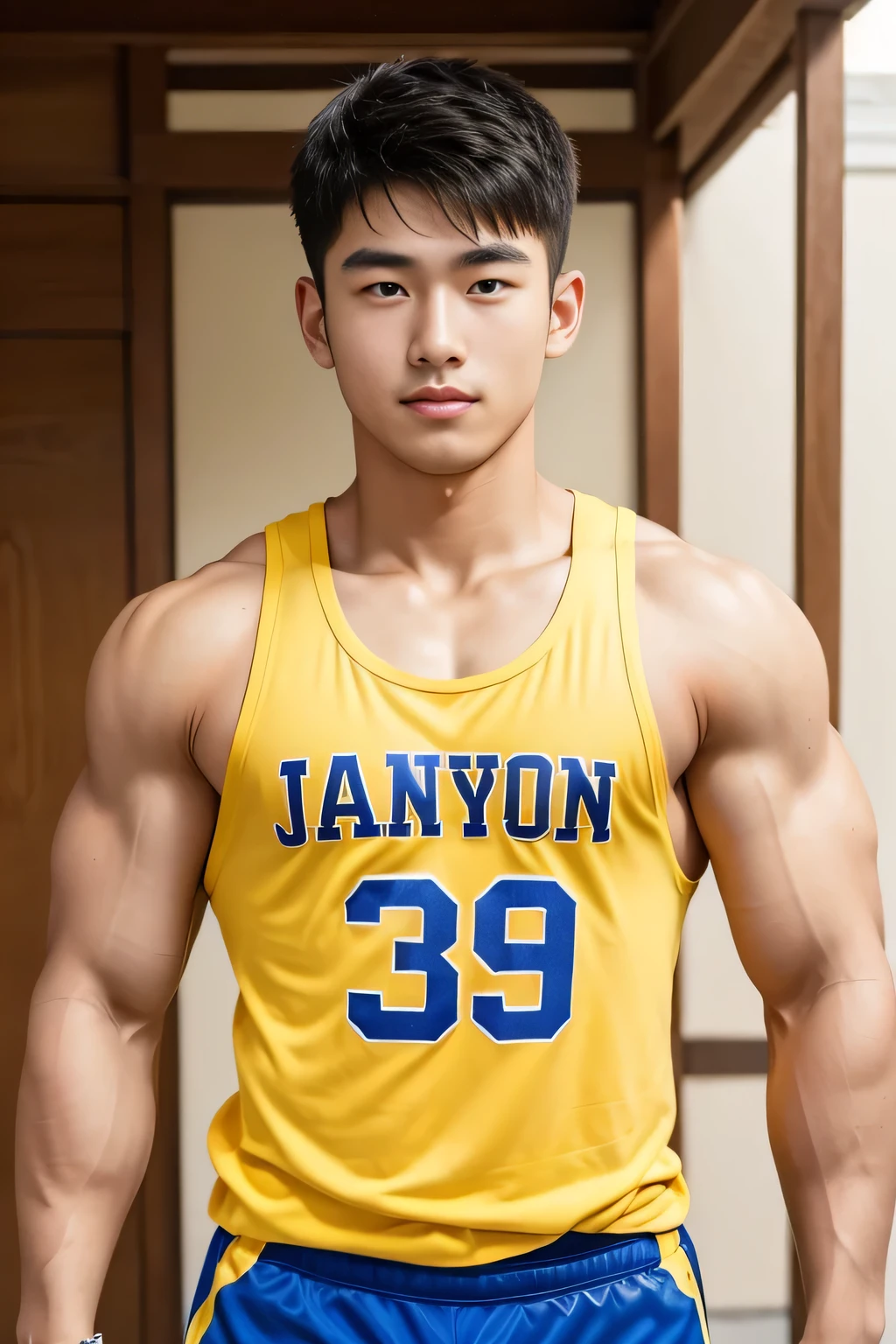 18-year-old male、Japanese、handsome、macho、athlete、Short Hair、facing the front、Yellow Tank Top
