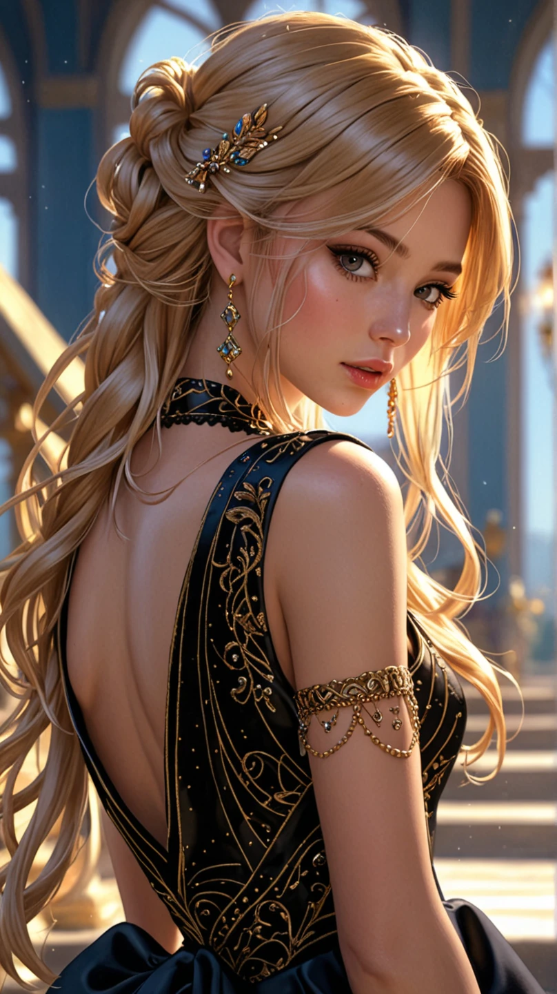 The best of Masterpiece on The Worldwide, the best of landscapes on worldwide, Improved quality, the best of shadow, High quality, Good anatomy, Healthy body, Whole fingers, Normal digits, HD quality image, fantasy, fantasy landscape, beautiful and cute girl, perfect girl, perfect white skin, perfect hairstyle, all perfect hairstyle, beautiful girl, perfect blond hair color, perfect deep blond hair color, perfect all hair accesories, perfect blue color eyes, highlight, perfect view, perfect body, full body( all body like head, nose, mouth, neck, shoulder, arm, hand, hips, thighs, legs, and feet on picture), all body shot, anime, waifu, collar with chain leash, blond hair, ponytail hair, hair bangs, golden eyes, black strapless dress, black cloack, without pant, without skirt, multiviews,
