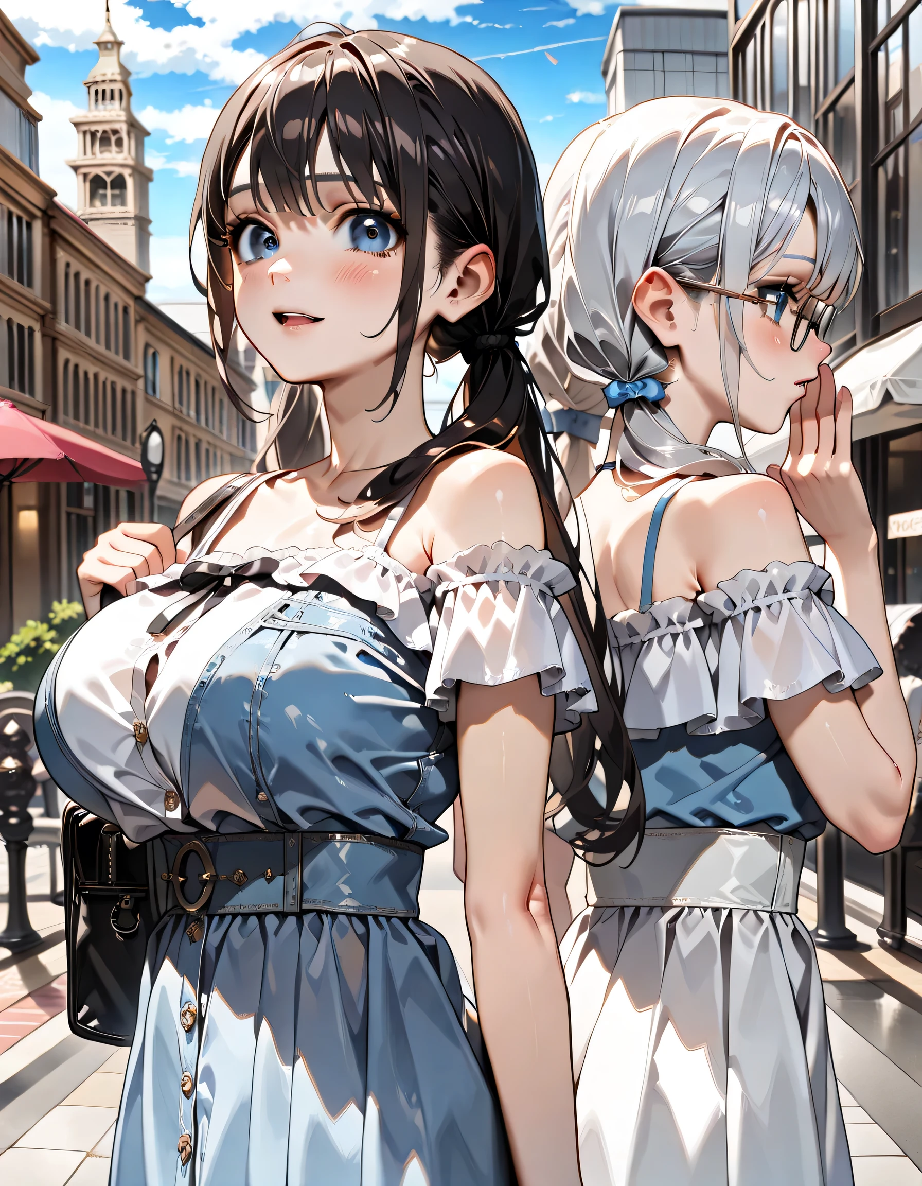(score_9, score_8_up, score_7_up), source_anime, absurd_res, white, blue, black, (2girls), super fine illustration, an extremely delicate and beautiful, best quality, masterpiece, 8K, (upper body:1.3), Marika, Sena, back to back pose, silver hair, black hair, twin tails, black hair bow, black hair, long hair, swept bangs, half updo, aqua eyes, orange eyes, (wearing glasses:1.3), (round eyewear:1.3), round_glasses22A, (thick eyebrows), T-shirt with lightpurple, bustier with pink, mermaid skirt with lightbrown, shoulderbag, off-shoulder with bluepurple, culotte skirt with beige, shoulderbag, youth fashion, casual fashion, perfect feminine figure, anatomically perfect, beautiful detailed faces, huge breasts, radiant smiles, playful postures, matching outfits, peace signs, winking, cheerful expressions, Walking the streets of Paris, Paris cityscape background, Walking holding hands, vibrant colors, cute aesthetic, friendship theme, dynamic composition, energetic atmosphere, detailed facial features, bright lighting, youth fashion, standing pose, complementary poses, joyful mood, style, bubbly atmosphere,((4k,8k,Ultra HD)),((Masterpiece :1.2)),((Best quality :1.2)),((Detailed :1.5)),((Detailed background :1.5)),sharp lines, vivid colors, high contrast
