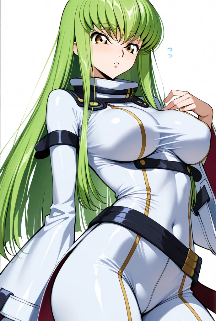 codeGeass, C.C, 1girl in, (((Bimbo))), , wide hips, thick thighs, Big Breast, Huge ass, revealing cleavage, Erotic, Smile Face, bubble butts, Camel toe, breasts, Tight white suit, Lean on me, Cute,