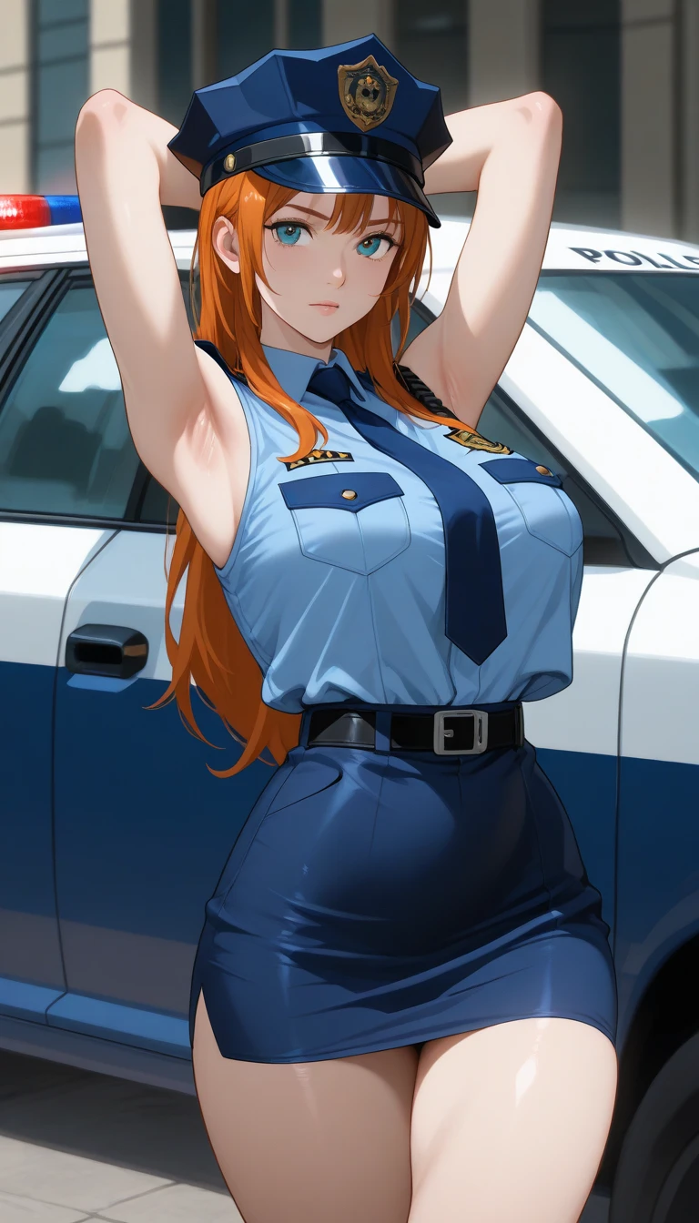 1girl surrounded by men,Nishikino maki, Purple eyes,red hair, curvy body, big breasts,((sexy short bodycon dress)), strapless , sleeveless, cleavage,bare shoulders, wrist band, police cap, holding Halberd, sweaty, blushing, standing, looking at viewer, prison,llchar, embarrassed, dominance posture, cowboy shot