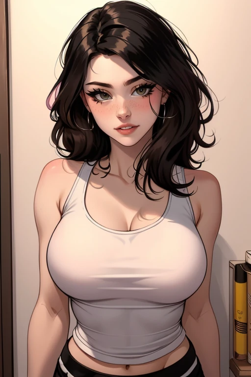 One young woman, white, 20 year, pink skin tone, eyes browns, brown straight hair, bands squeezing the breasts, in a pink room, in the style of Classic 2d Disney princess drawing, hentai?