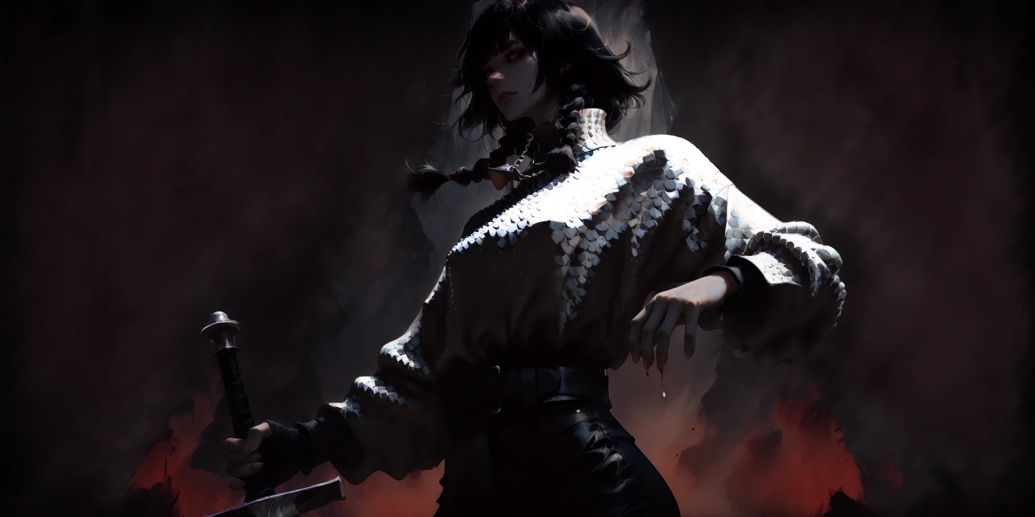 artist: wlop, masterpiece, best quality, illustration, a vampire woman, beautiful woman, European facial features, Caucasian, small breasts, shoulder length black hair, small braids, red irises, detailed face, loose fitting leather pants, female wearing very loose fitting high waist black leather pants with a black belt, and a (thick gray long-sleeved chainmail shirt with a high neck), black leather combat boots and fingerless gloves, tall-looking, fantasy, holding iron sword, perfect anatomy, detailed, lighting, colorful, slim body, fit body, ideal ratio body proportions, tall, Realistic Shadows, regular steel sword, steel sword, normal steel sword, detailed face, detailed eyes, epic, chain mail long sleeve shirt, high neck chainmail shirt, chainmail long sleeve shirt, top fully covering upper body, fully covered upper body, highly detailed, dark colours, cool pose, upper body portrait, cinematic portrait, background splash artwork, videogame style background, game style artwork background, illustration style background, cinematic background, cinematic lighting, interesting background, themed background, epic background, melancholic background, night sky in background, forest with different colored leaves in background, bloody background, detailed background, immersive background, eye catching background, unique background, detailed eyes, Official Art,