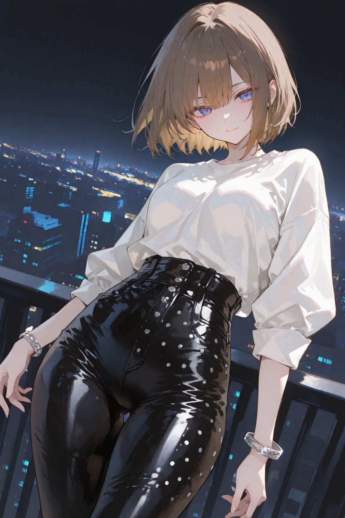 highest quality, masterpiece, 1 person, woman, Blonde, short hair, Golden Eyes, Cool black outfit, tights, sexy and cool, night sky, older sister, 25 years old,