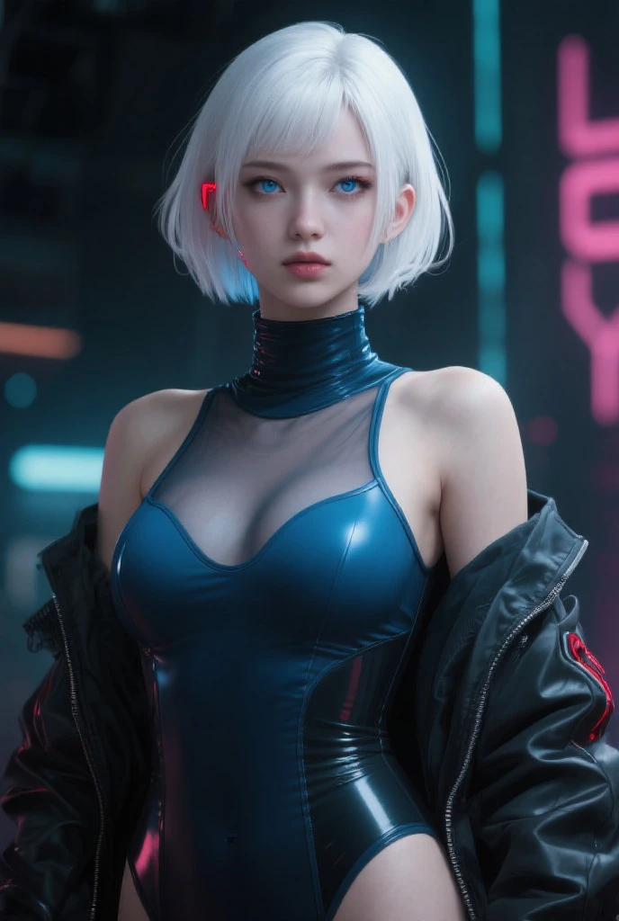 Best quality，Super Fine，Ultra-realistic，Futuristic costume design，Design implies flexibility，Monochromatic color scheme emanates tranquility，Surface reflects light softly，Minimalism，Simple and powerful feminine beauty，modernism，Feminine Elements in Visual Art，Fusion of advanced technology and nature，Photorealistic rendering，1 girl，full-body shot，White Network Rabbit Ears Girl，Cyberpunk Kimono，translucent，Smooth fabric，Low-rise black leggings，Transparent Kimono Top，Monochromatic color palette，Fashion lines，Futuristic decoration，high-tech accessories，Minimalism Design，Fusion，Bold and simple，Serene expression，Cybernetic enhancement，Striking elegance，Short gray hair，Make her blue eyes shine brighter，Well-defined facial lines，Highlighting her radiant fair skin，（In concrete buildings，Realistic black shadows），Incredibly slim waist，Upward and center-pointing erect nipples，Large round breasts，Exudes sculptural beauty，Looking at the audience，