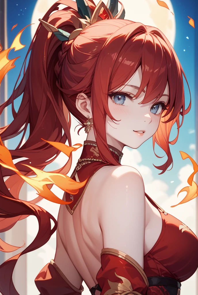 long red hair, yellow eyes, big breasts, big ass, red necklace, fantasy, naughty smile, detailed face features, vibrant colors, glowing background, ethereal atmosphere, intricate details, shiny hair strands, alluring gaze, magical aura, flowing dress, dreamlike setting, enchanting beauty, mesmerizing charm, supernatural powers