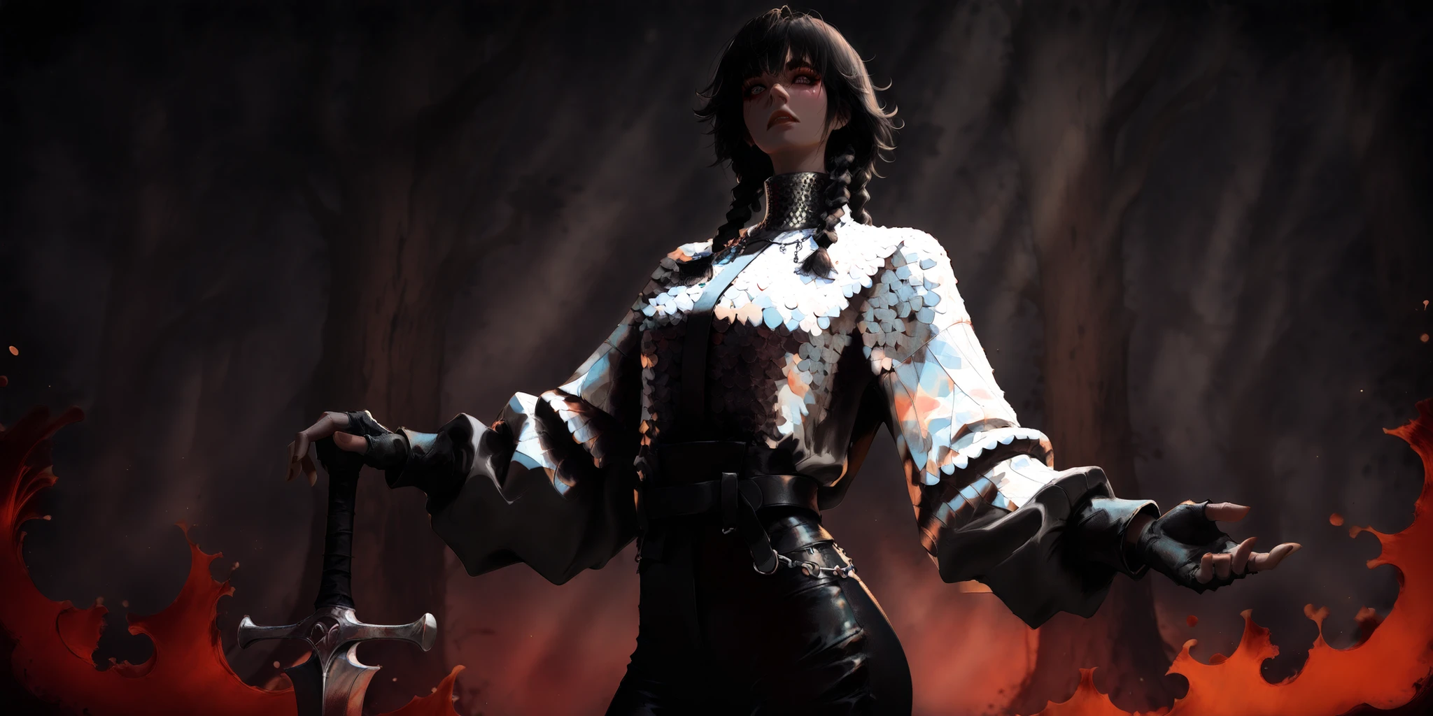artist: wlop, masterpiece, best quality, illustration, a vampire woman, beautiful woman, European facial features, Caucasian, small breasts, shoulder length black hair, small braids, red irises, detailed face, loose fitting leather pants, female wearing very loose fitting high waist black leather pants with a black belt, and a (thick gray long-sleeved chainmail shirt with a high neck), black leather combat boots and fingerless gloves, tall-looking, fantasy, holding iron sword, perfect anatomy, detailed, lighting, colorful, slim body, fit body, ideal ratio body proportions, tall, Realistic Shadows, regular steel sword, steel sword, normal steel sword, detailed face, detailed eyes, epic, chain mail long sleeve shirt, high neck chainmail shirt, chainmail long sleeve shirt, top fully covering upper body, fully covered upper body, highly detailed, dark colours, cool pose, upper body portrait, cinematic portrait, background splash artwork, videogame style background, game style artwork background, illustration style background, cinematic background, cinematic lighting, interesting background, themed background, epic background, melancholic background, night sky in background, forest with different colored leaves in background, bloody background, detailed background, immersive background, eye catching background, unique background, detailed eyes, Official Art,