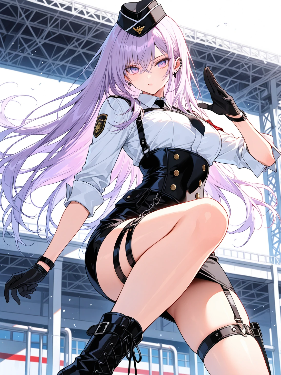 1girl,Negev,one side up,hair ribbon,,hexagram,Starclips,,huge breasts, blush, lipstick, long hair, crazy eyes ,outdoors, rooftop, cityscape, building, railing, night, night sky, scenery, city lights, fur trim, mature female, gloves, fur-trimmed coat ,masterpiece, best quality, highly detailed, a girls with a gun, evil smile , open mouth, sexy gaze, badass pose , evil smile, smile, (nsfw) not safe for work, guns blazing, anime girl with long hair, beautiful long haired girl, navel, evil expression, exposed belly, exposed navel, exposed midriff, exposed lower belly, long black pants, crop top, cleavage, unbuttoned leather pants ,open fly, low rise black leather pants, leather jacket, holding a gun,, navel piercing