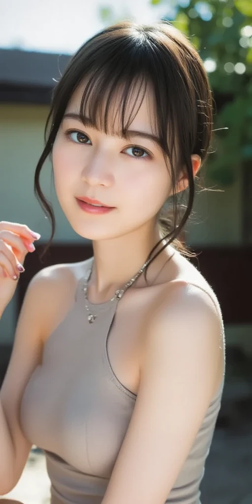 A live-action adaptation of an innocent and vibrant young girl, below the age of thirteen, with a lifelike, high-resolution, and masterpiece-quality face that oozes a meek, elegant, and mysterious allure. Her modern Toho Japanese descent is reflected in her fashionable attire, as she exudes a beautiful and enigmatic aura. Her colorful and elegant harmony style is a reflection of her natural exuberance and innocent charm. The scene is bathed in natural broad, lively bloom lighting that highlights her pigmented skin, giving it a feeling of human authenticity.
She wears a strapless bandeau top, a tiny micro leot