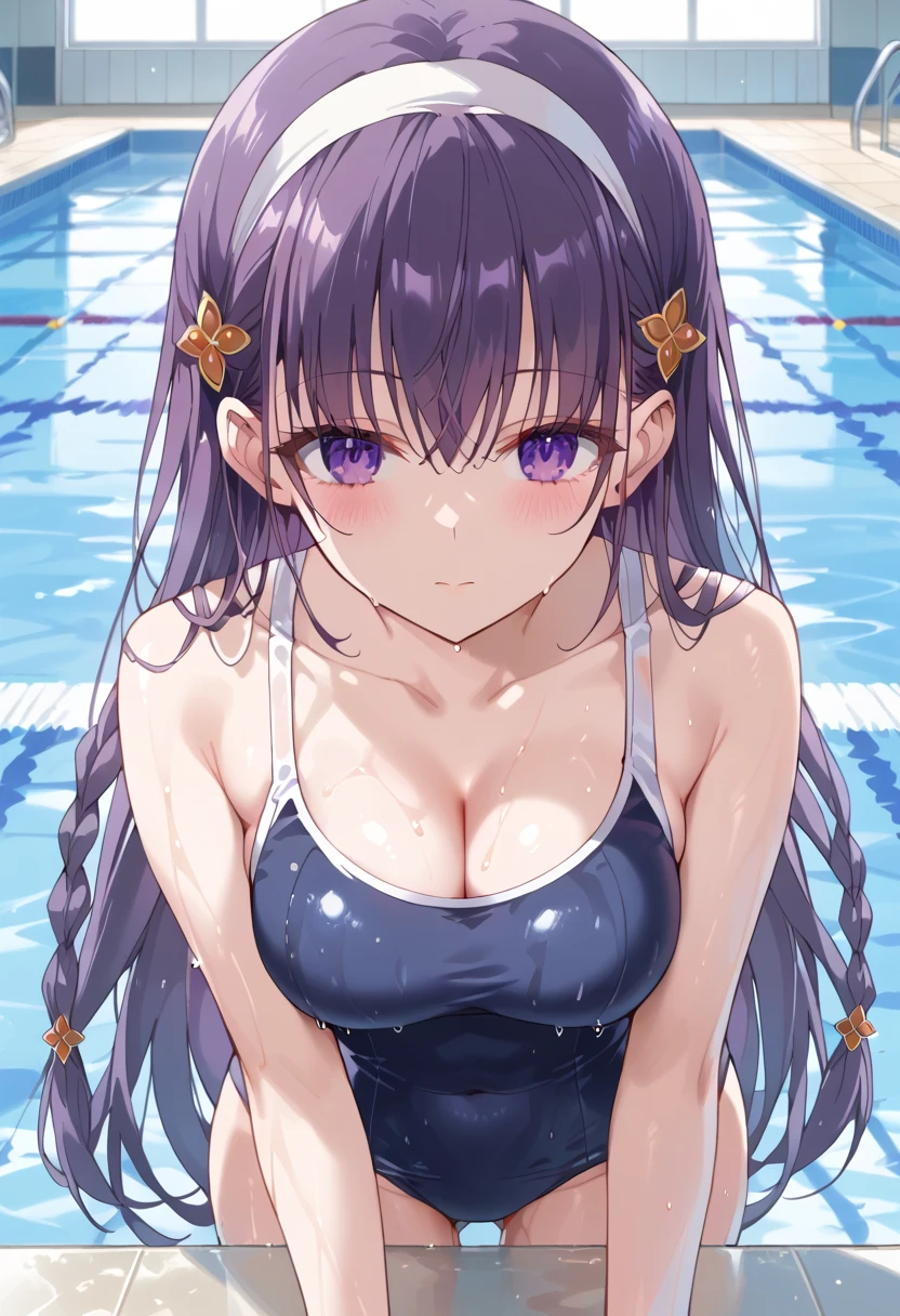 masterpiece, best quality, nsfw,
1girl, (dark blue school swimsuit, bare shoulders), from above,
big breasts, hanging breasts, cleavage,
bring breasts together, puddle in the cleavage,
purple hair, smile,
(wet body:1.5), school pool,