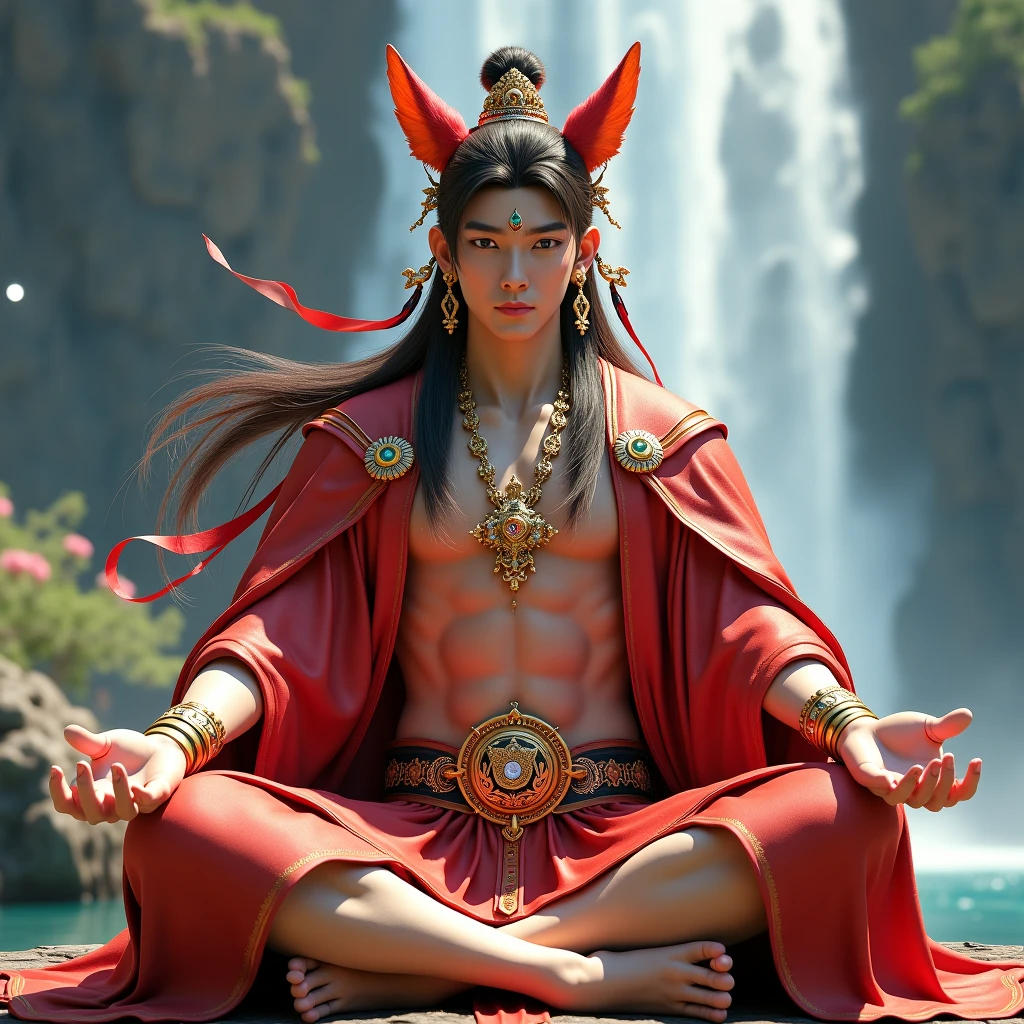 Realistic,Hot muscular Male concubine in the Han dynasty on his knees with legs spread apart, wearing ancient revealing Chinese dress with long hair and masculine features.Battle scars