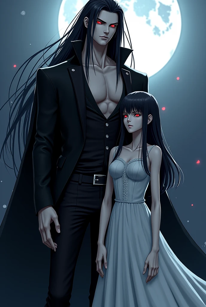 anime girl ,wine red eyes,long black hair,thin lips with red lipstick,black dress with blood and is with illumi from hunterxhunter