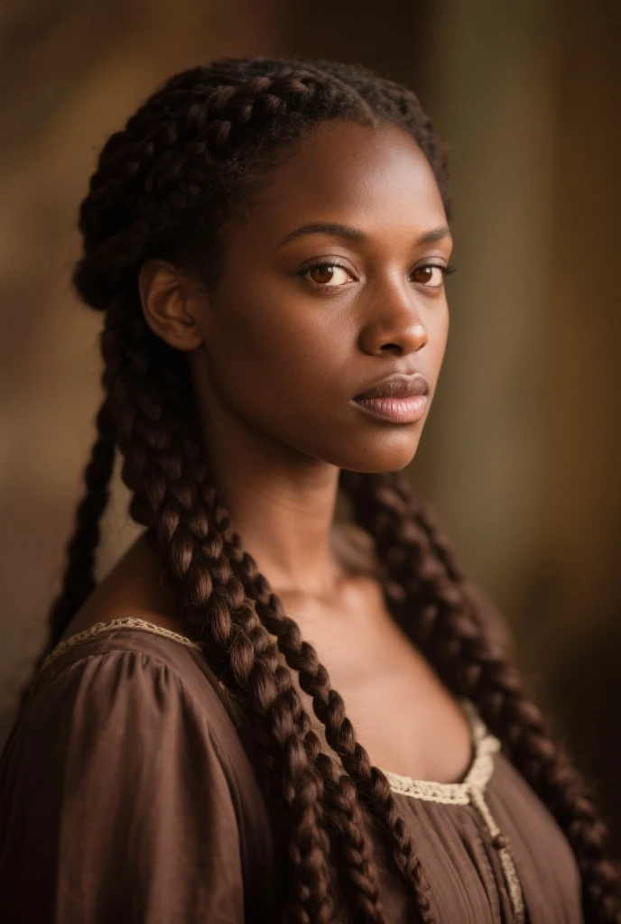 creative western film cover style old photograph with a young African woman, long braided hair, darkskin, western film character, Sexy girl with brown eyes, 精致的面容, ultra realist, meticulously detailed, wearing period clothes with white lace. she is holding a winchester. The image is an old western film cover