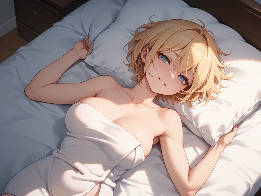blonde, short hair, girl1, sleep in bed, White sheets, White pillow, upper body, completely nude, (small nipples:1.2), (small areolas:1.2),
kawaii, cute, pale purple eyes, (open white shirt),
