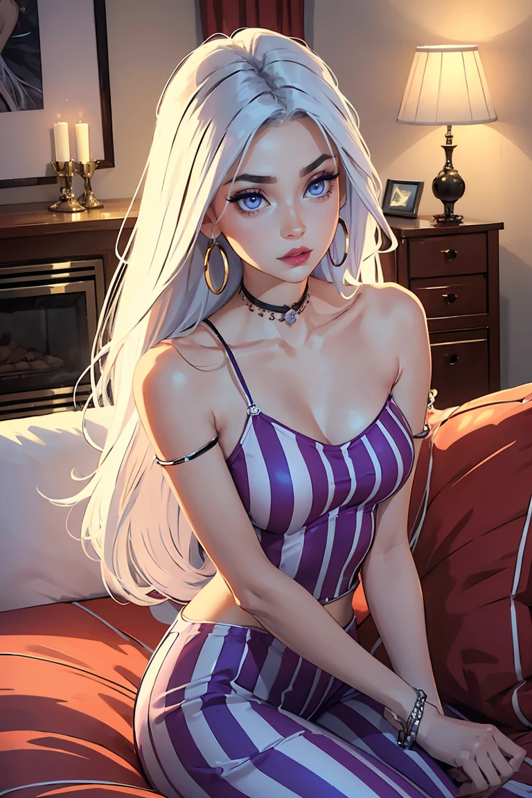 (Masterpiece:1.2, high quality), (pixiv:1.4), (1girl:1.2), (solo:1.2), (smooth:0.8), beautiful woman, rich lady, (mature), pale white skin, red cheek, blush, (smile:1.2), long silver hair, bangs, wavy hair, (strand braids), hair over eyes, sparkling green eyes, (detailed eyes), symmetrical eyes, black eyeshadow, glossy lips, pale pink lips, symmetric face, (round earrings), (looking towards the viewer), mole on chin, plunging neckline, pendant, (black dress), luxurious dress, slit dress, collarbone, neckline, luxurious, slender arms, (beautiful round breasts:1.2), plunging cleavage, slim waist, hands on waist, professional photography, dynamic pose, model, female model, celebrity, best quality, (absurdres:1.2), ultra-detailed, HD, 1080, 4k, 8k, intrinsic details, shiny blue sky, aesthetic outdoors, sky background, water fountain, luxurious, fountain background, mansion, wind blowing hair, vivid colors, dynamic lighting, full body, ((detailed face)), blurry background, highly focused face, 