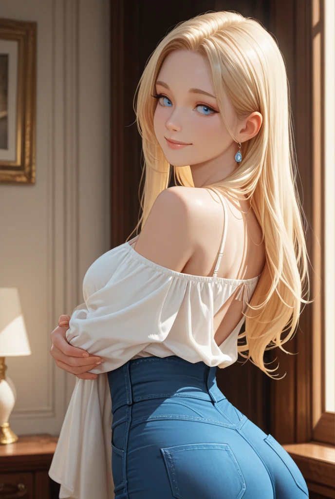russian beautiful girl in golden and white blouse and small cleavage line, medium breast, beautiful blue eyes, jeans,
