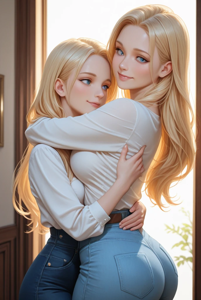 High detail, Two very beautiful girls, Two girls, beautiful face, beautiful face, beautiful eyes, beautiful facial features, beautiful blonde hair, cool hairstyle, cool smile, beautiful appearance, natural beauty, no makeup, European appearance, beautiful tits and beautiful ass, tight black top and tight black leggings, leggings show ass, beautiful, dynamic angle