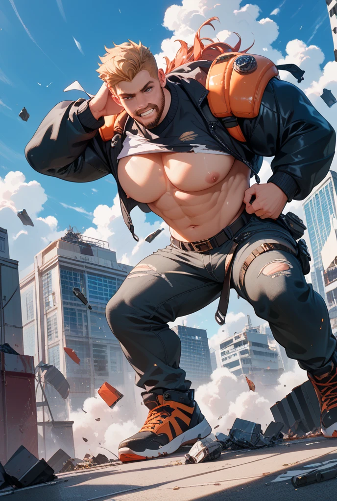 The image depicts a muscular man, Dressed in a firefighting suit. Il se tient debout. You can see it in its entirety.
Le personnage tient fermement un sac de secourisme dans sa main, which is depicted as a heavy-duty canvas bag.
in background, on peut voir un paysage post-apocalyptique, with ruined buildings and scattered debris.