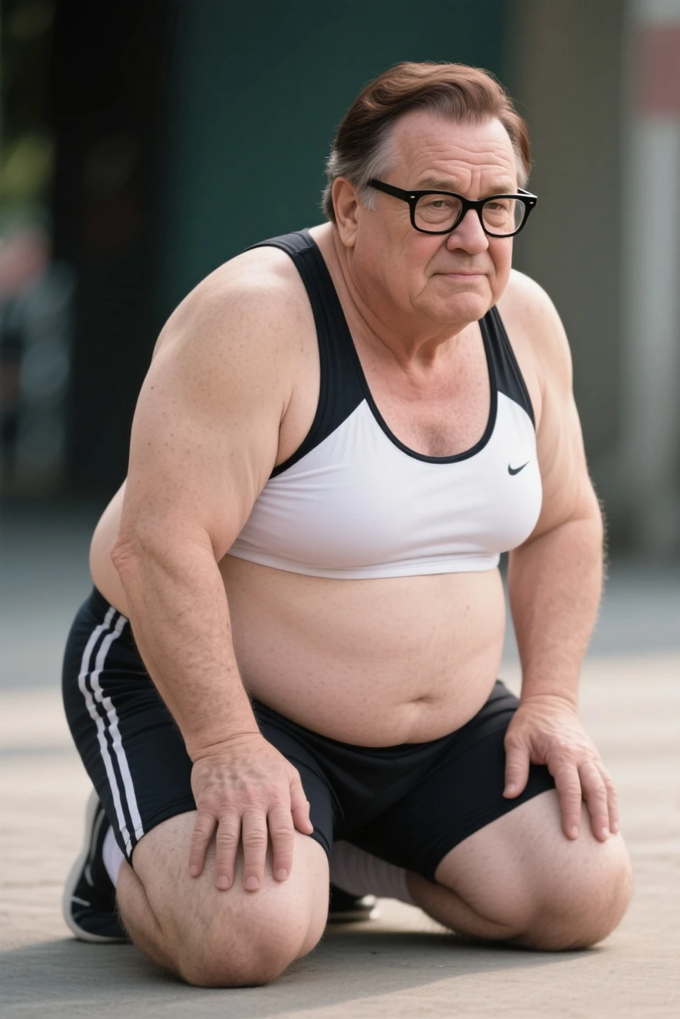 Fat uncle,with a round face,short detailed hair,ssmile,potbelly,with fair skin,seminude,Black shorts,k hd